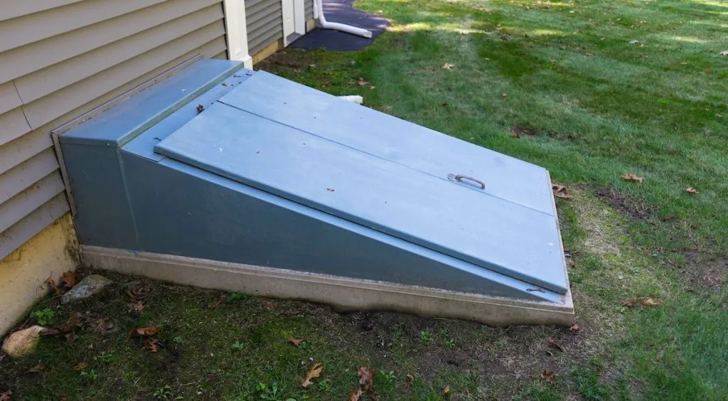 A storm cellar on the outside of a house.