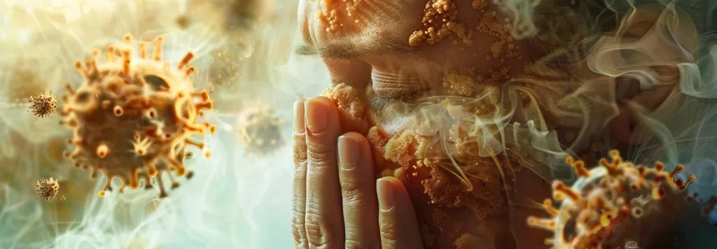 a close-up of a person sneezing and rubbing their eyes