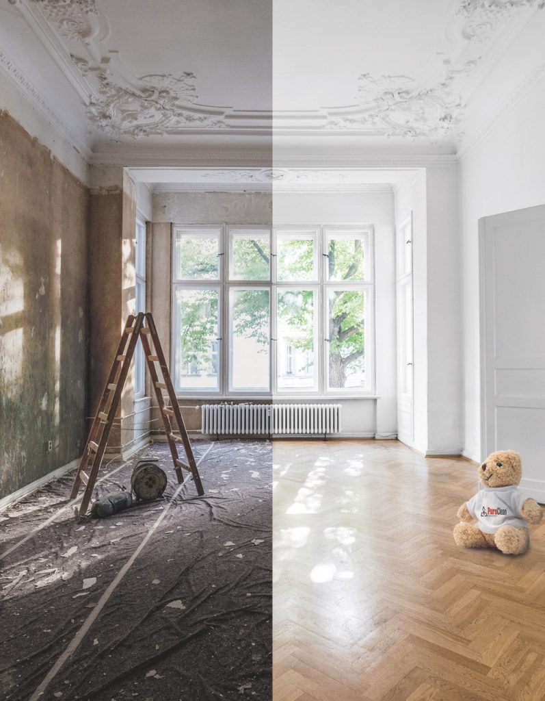 A before and after example of residential property damage restoration. One side is dark, showing damage and dirt, while the other is light, bright, and newly renovated. 