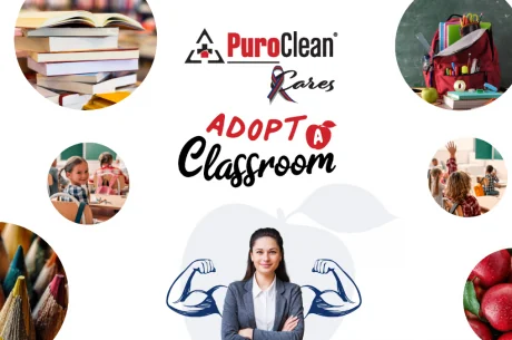 PuroClean Cares®: Adopt A Classroom 2025 campaign logo with circles of classroom suppliers showing how PuroClean supports classrooms