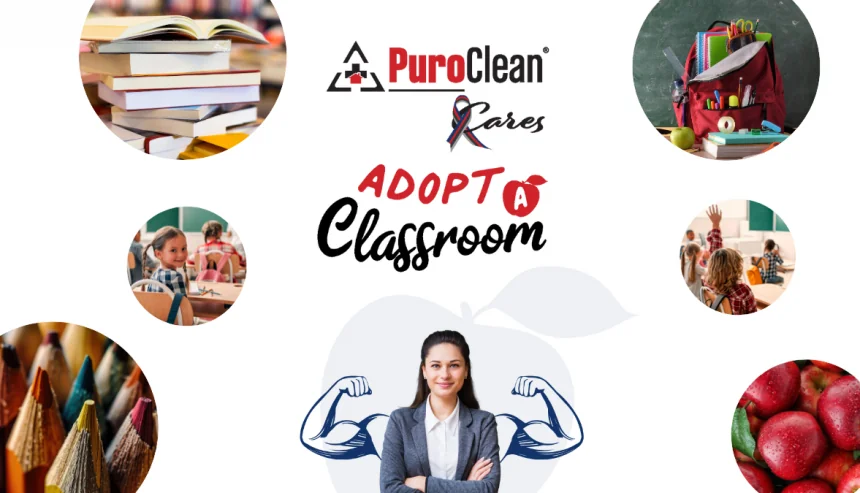 PuroClean Cares®: Adopt A Classroom 2025 campaign logo with circles of classroom suppliers showing how PuroClean supports classrooms