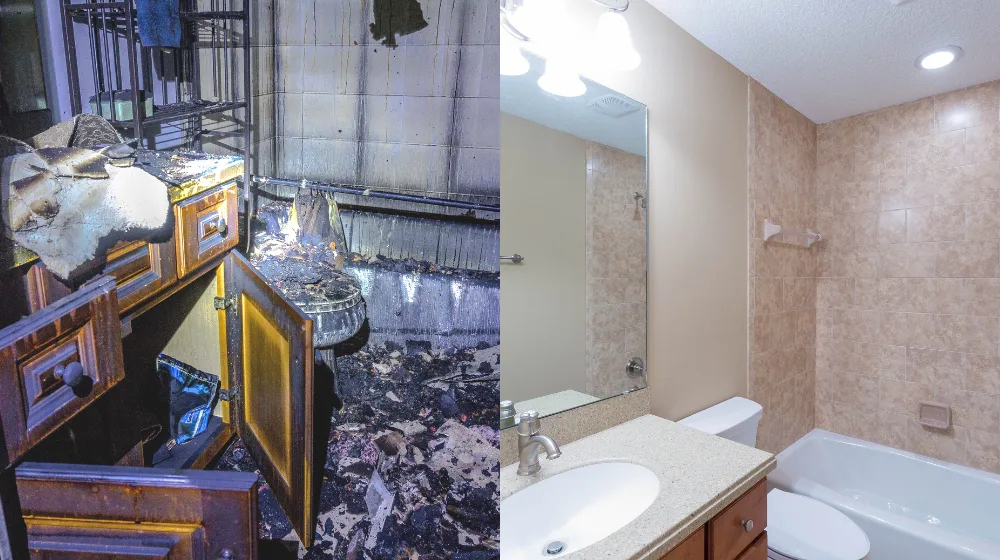 before and after fire damage restoration services in a family bathroom