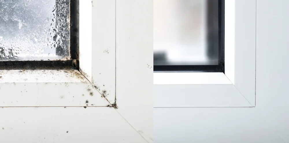 before and after of mold remediation around a window frame