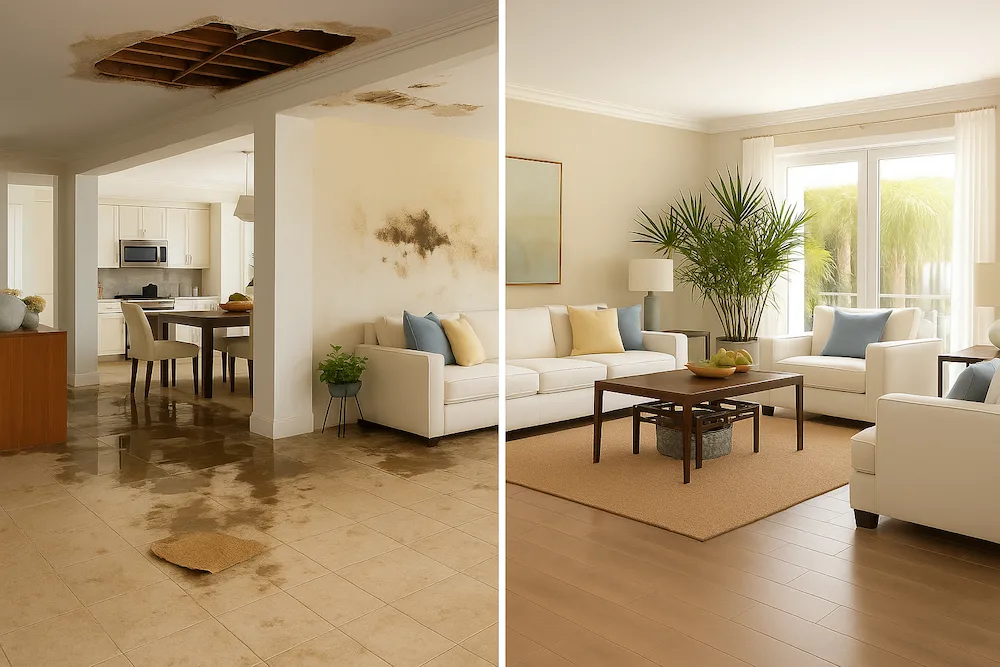 before and after image of water damage in a living room from the above bathroom leak