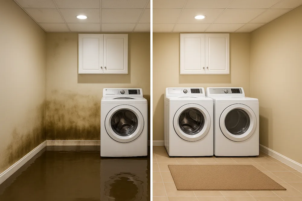before and after of a laundry room after a pipe burst from an appliance.