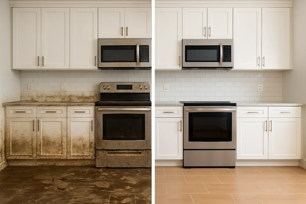 before and after of a kitchen that experienced flood waters after water damage restoration and cabinet drying services