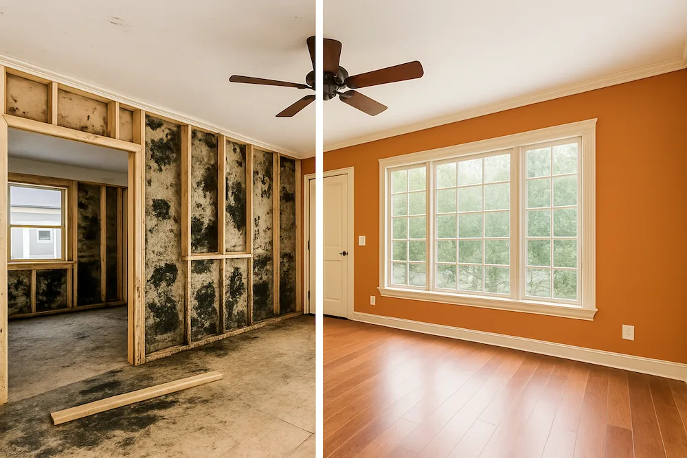 before and after of a living room after mold removal and remediation from inside the walls