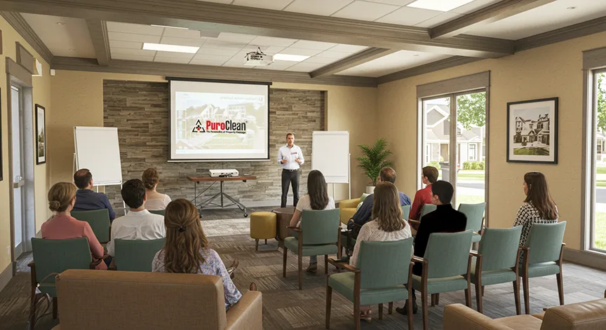 A small presentation to potential vendors sitting in chairs looking at PuroClean branding on a screen.