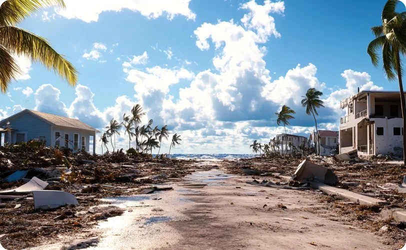 Aftermath of a hurrican near the ocean with buildings down and debris laying about