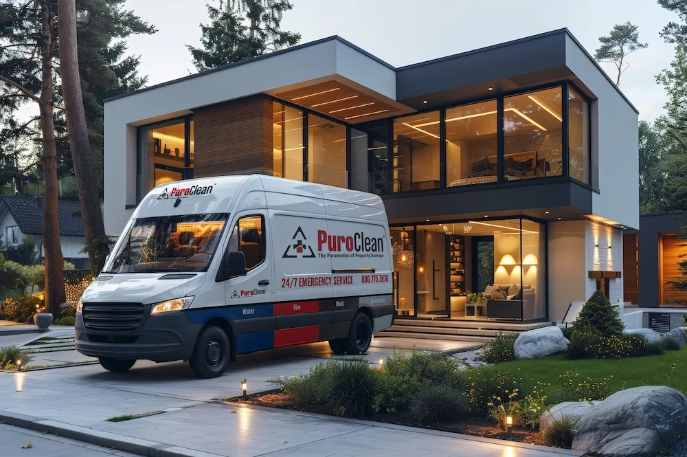 PuroClean van in front of a modern home to provide property restoration services