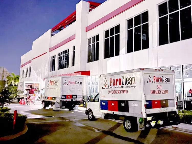 PuroClean trucks in front of a business to deliver emergency commercial property damage restoration services