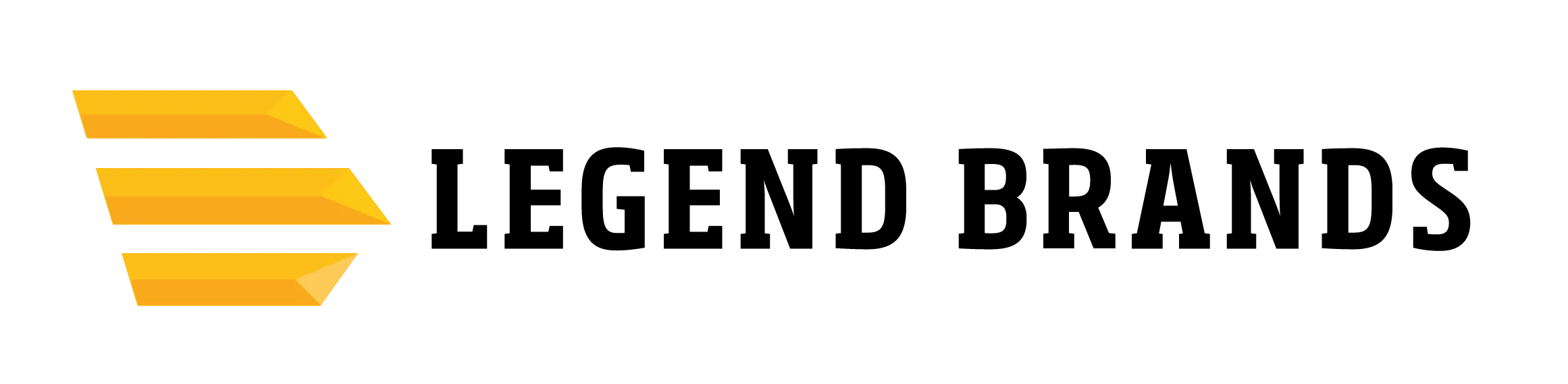 The Legend Brands logo features three stacked, gold-colored, beveled bars next to the company