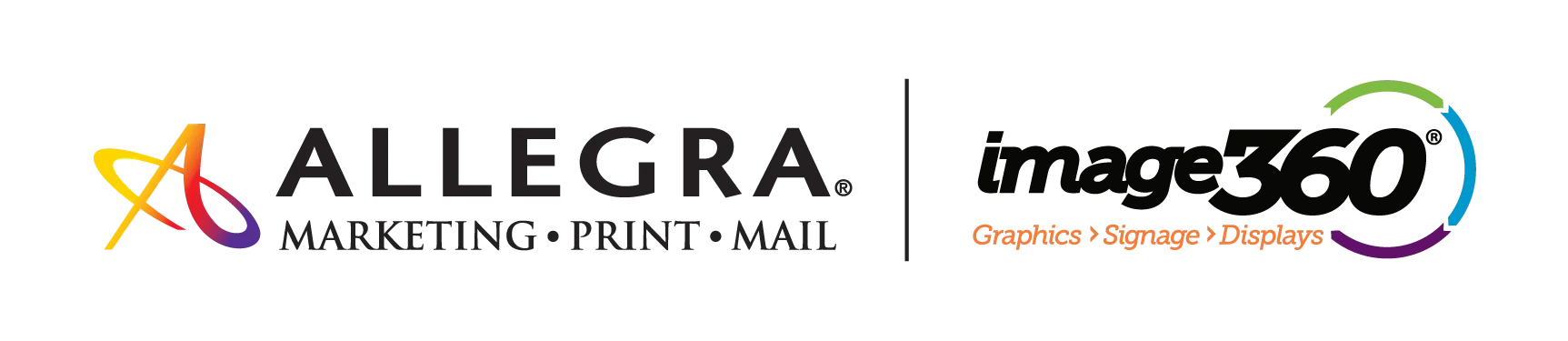 Allegra Marketing Print Mail and Image360 Graphics Signage Displays company logos are presented side