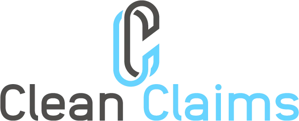 The Clean Claims logo features intertwined grey and blue 'C's above the company name in two