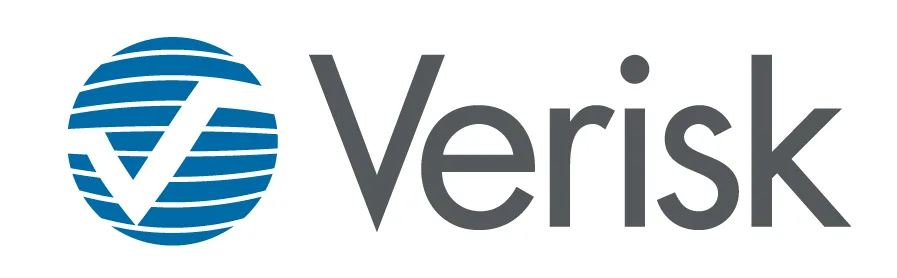 Verisk logo featuring a blue globe icon with a white 'V' and horizontal lines next to the company name.