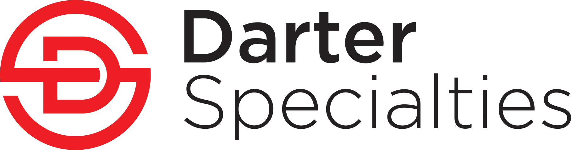 Red Darter Specialties logo featuring a circular emblem with stylized letters and black text.