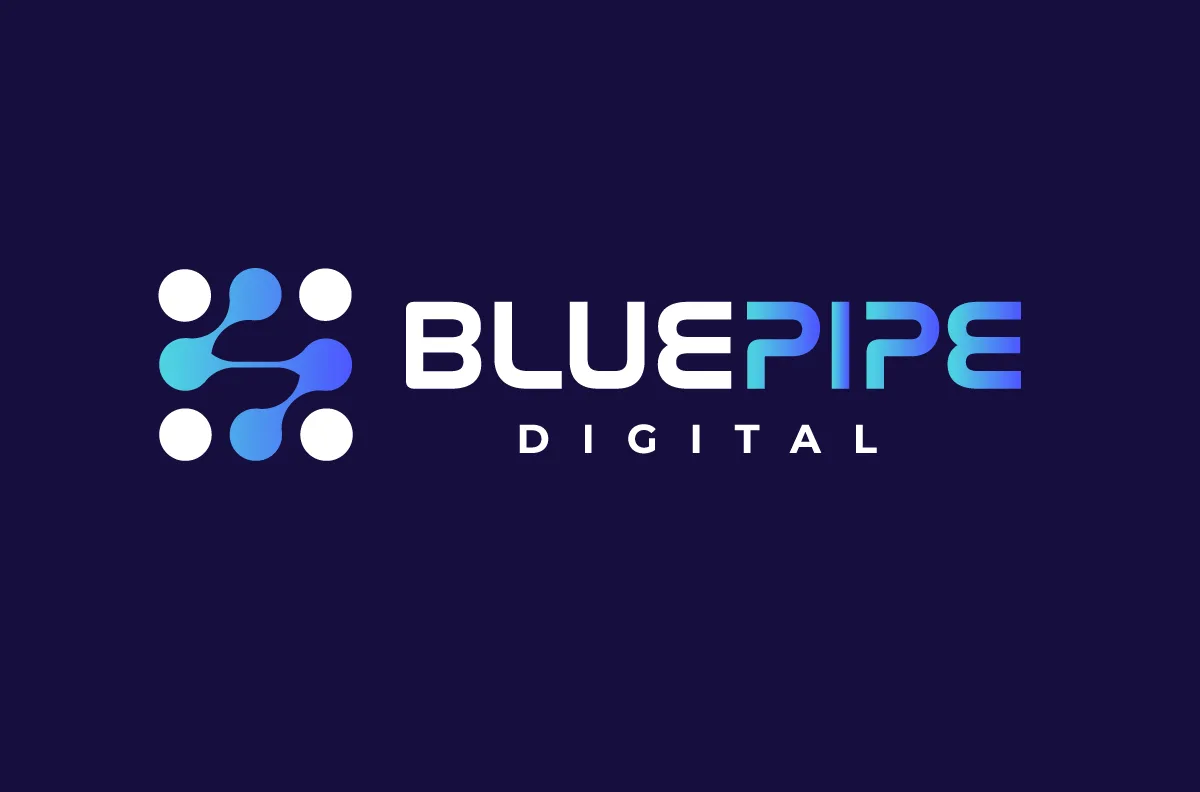 The Bluepipe Digital logo features a connected network symbol and gradient text on a dark blue background.