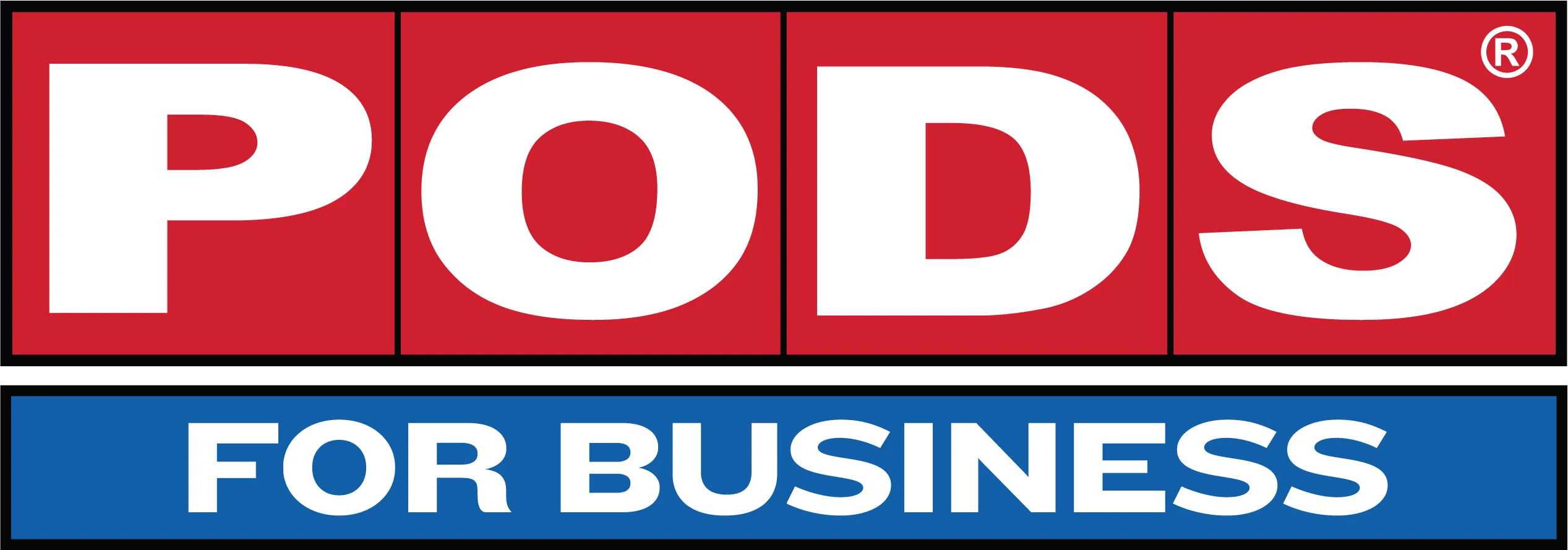 White PODS FOR BUSINESS logo displayed on red and blue rectangular banners. TITLE: