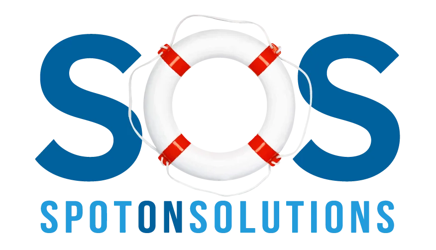 Blue 'SOS' text with a white lifebuoy replacing the 'O', above the company