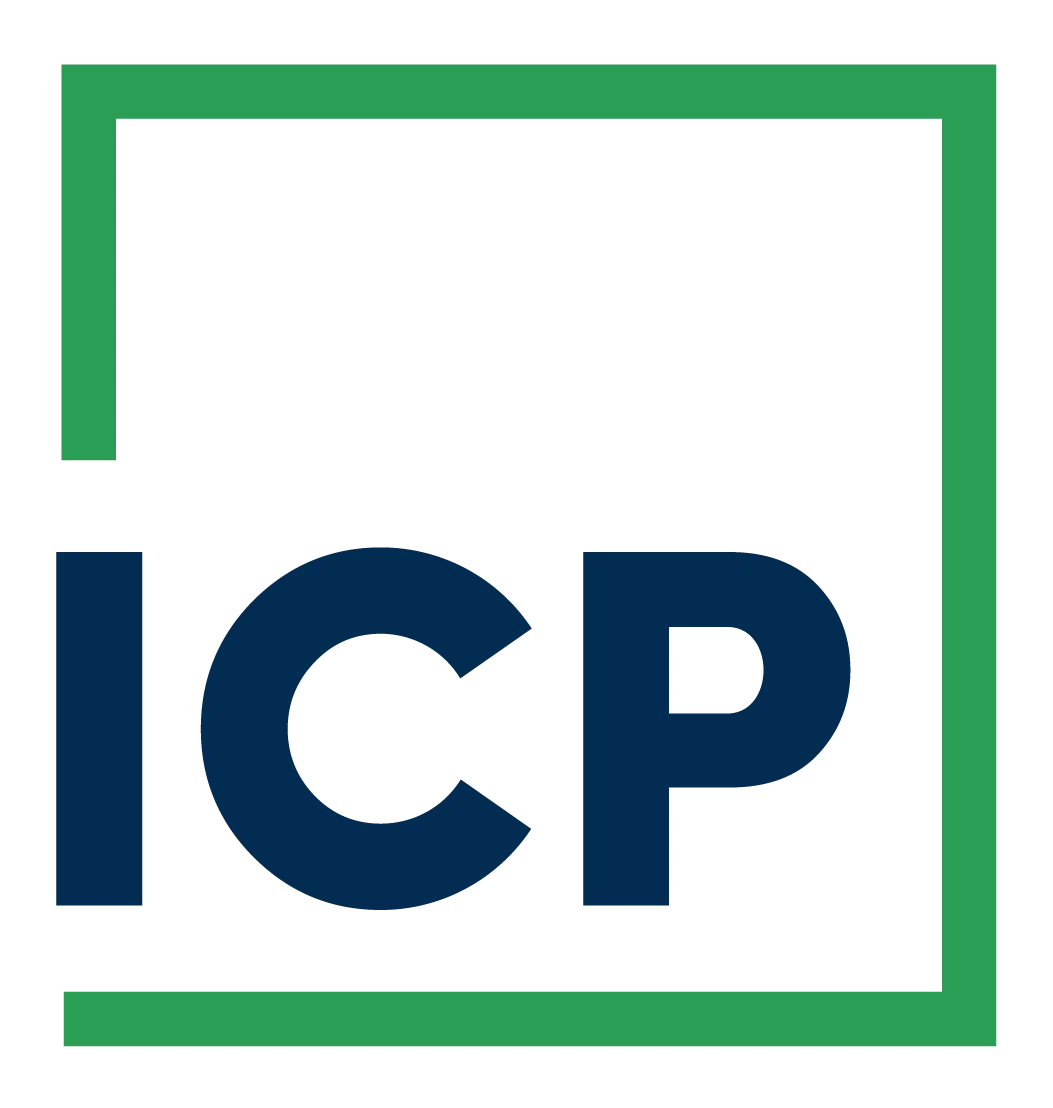 Logo with dark blue 'ICP' letters inside an incomplete green rectangular frame.