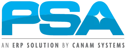 The PSA logo, a blue ERP solution by Canam Systems, features a sparkle on