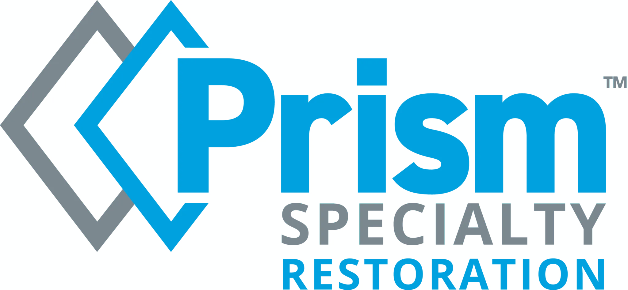 Prism Specialty Restoration logo featuring overlapping blue and grey geometric shapes.