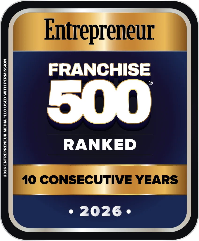 2026 Entrepreneur Franchise 500 Ranked award badge, celebrating 10 consecutive years, dated