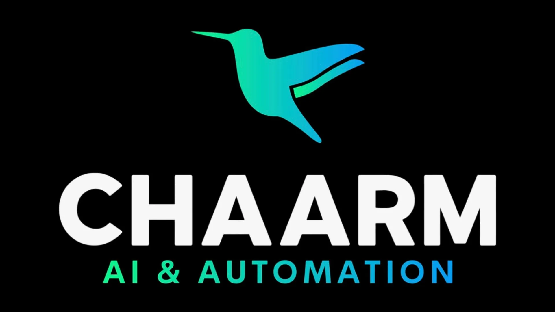 Stylized teal and blue hummingbird logo with white "CHAARM" text and gradient "AI &