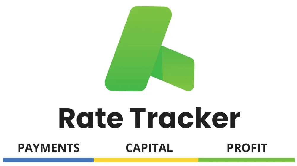 Stylized green ribbon logo for 'Rate Tracker' with a segmented bar showing Payments, Capital,