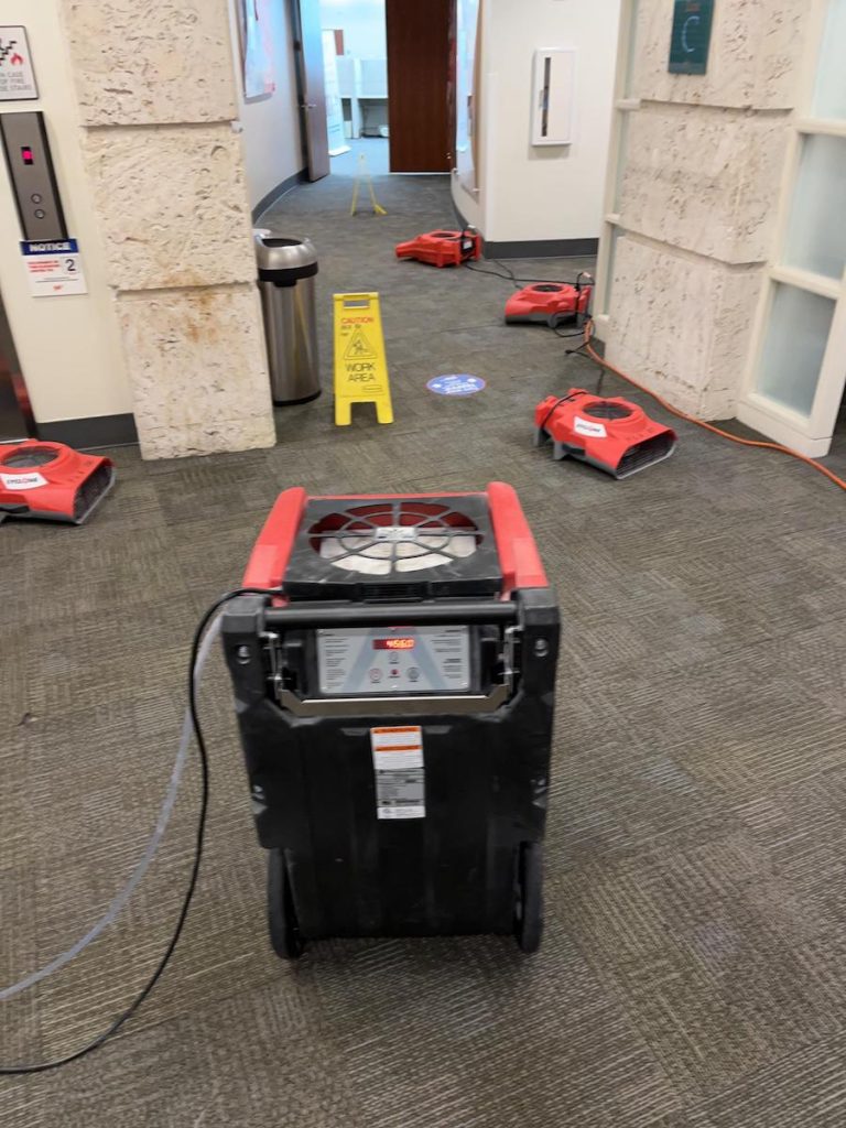 Equipment set up to dry areas affected in commercial water damage